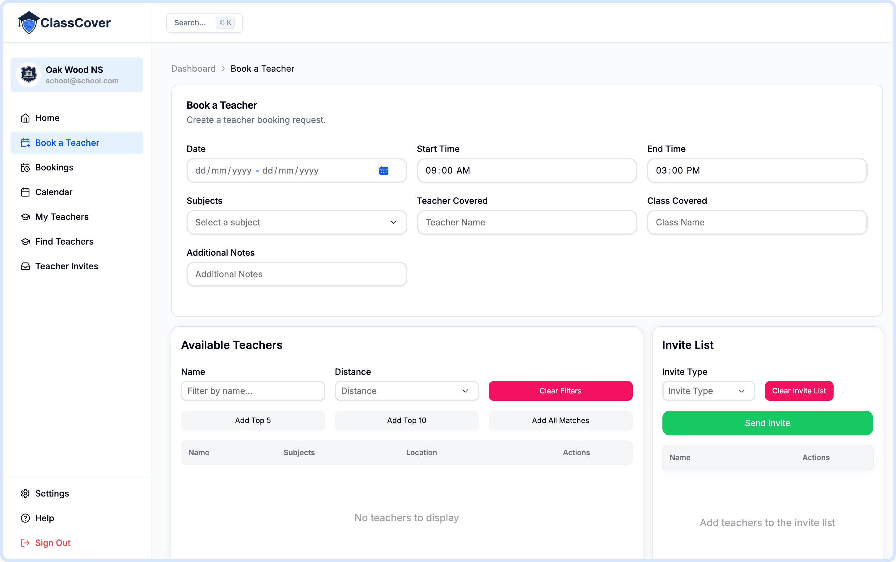 ClassCover dashboard showing substitute teacher management interface